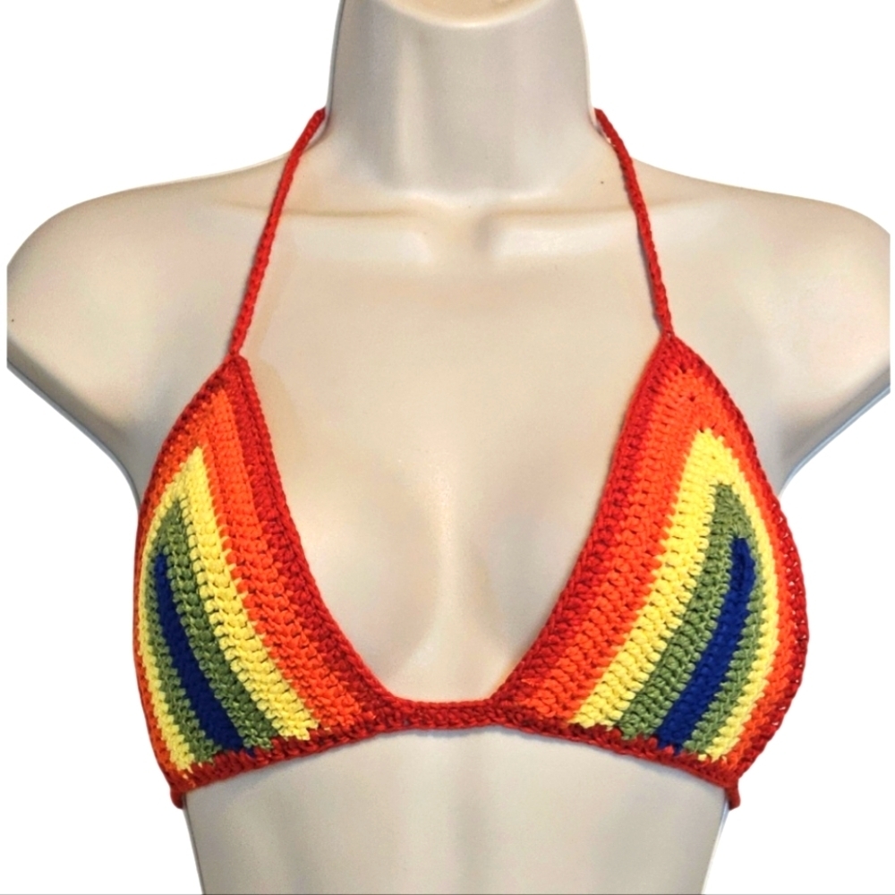 Handmade Crochet Crop-Top Rainbow Colors Deep V Swimming Cover-up top Colorful - Picture 3 of 17